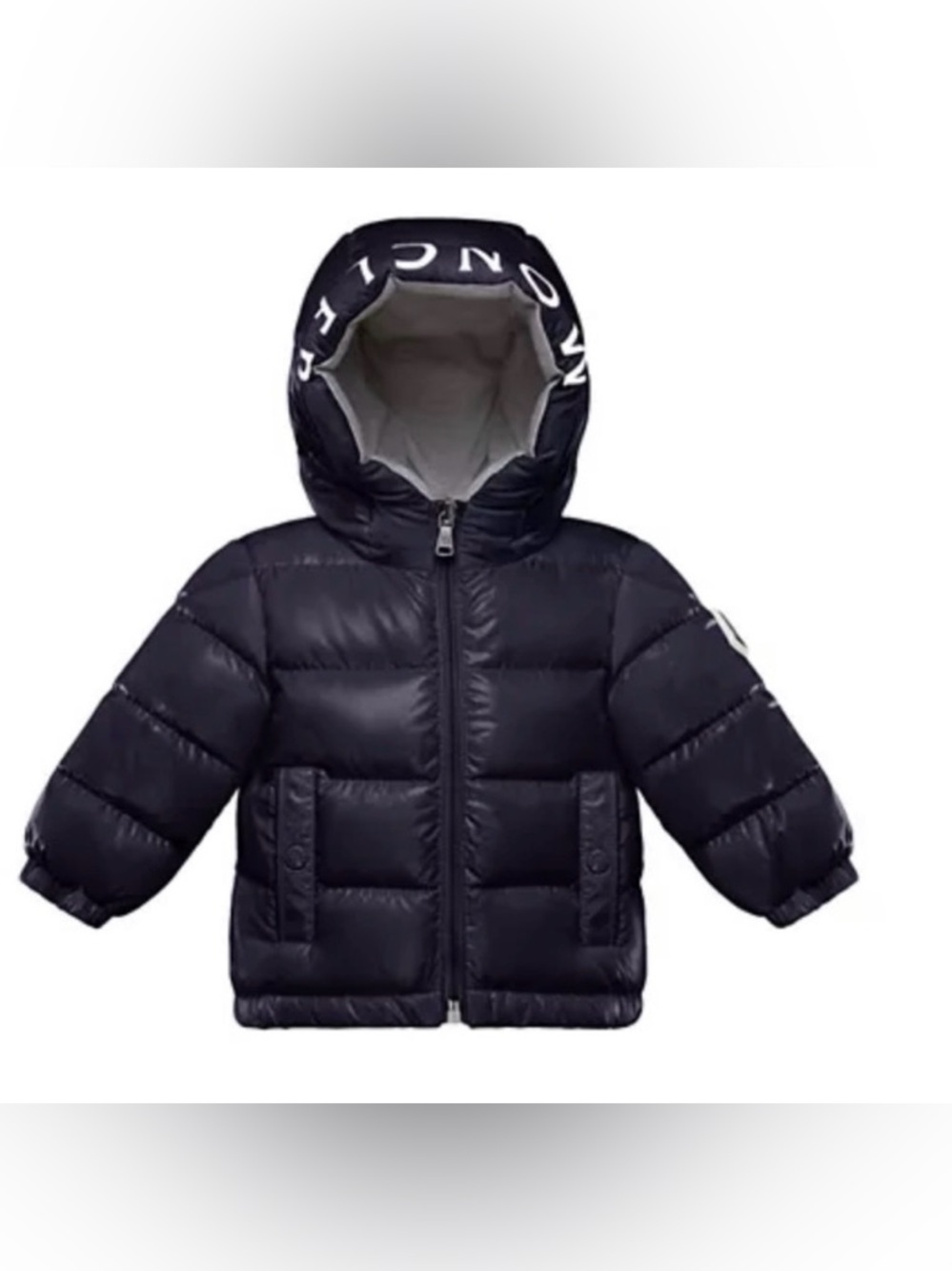 Authentic Moncler Kids White and Navy Puffer Jacket with Hood, Size 3T